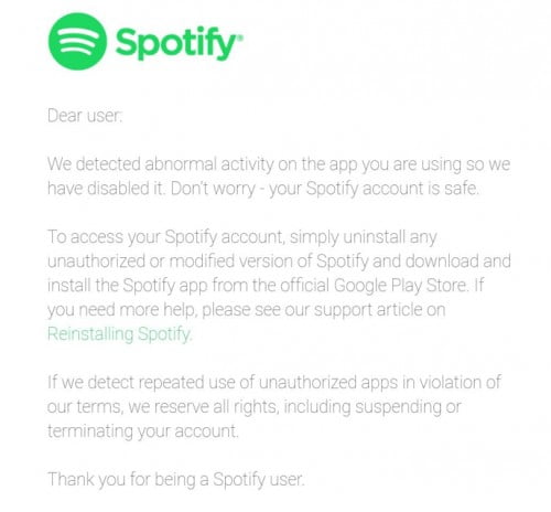 Spotify Blocks Pirated Versions of its App